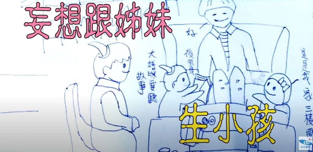 騷擾男子畫圖暗示女子，想她和雙胞胎妹妹共組家庭。（圖／中天新聞）