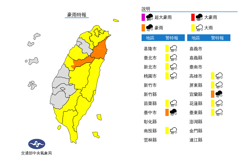氣象局稍早針對部分縣市發佈豪雨特報，今日宜蘭縣及台中市山區有局部大雨或豪雨，桃園以北、苗栗、臺中、南投、高雄、屏東、花蓮及台東地區有局部大雨發生的機率。（圖／由中央氣象局提供）