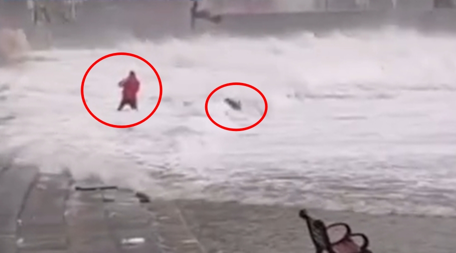 老人在颱風天站海浪中拍照險些遭沖走。（圖／翻攝自「都市時報」微博）