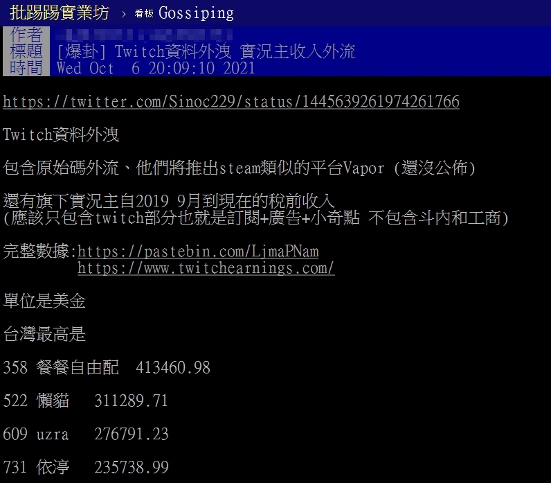 網友列出台灣知名遊戲實況主的收益。（圖／翻攝自PTT）