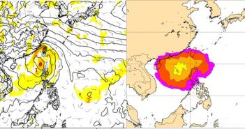 最新（1日20時）歐洲（ECMWF）模式模擬，8日20時預測圖（左圖）顯示，南海（左圖1）及菲律賓東方海面（左圖2）皆有熱帶擾動活動的跡象；歐洲系集模式，同一時間颱風分布機率圖（右圖）則顯示，機率最高處在南海，在台灣附近機率大約在5～20%之間。（圖／擷自《tropical tidbits》網頁）