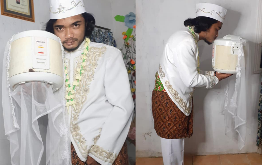 男子跟電子鍋結婚。(圖/Khoirul Anam)