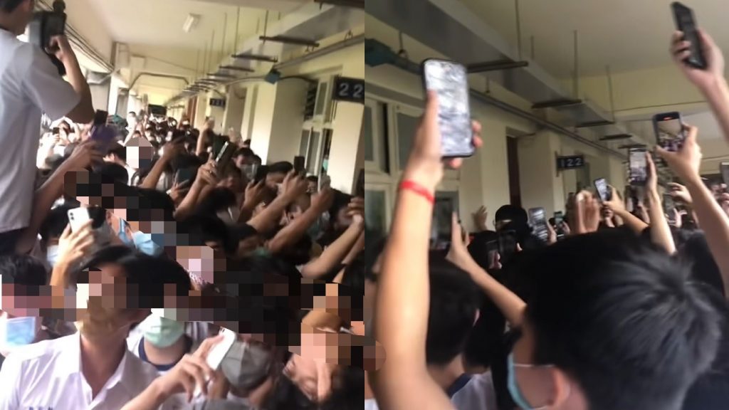 北市高中名校「成功高中」的高一教室走廊,昨(12)中午突然聚集大批學生對著高一教室內大喊「楊○○出來」、「採草莓」 。翻攝自YT