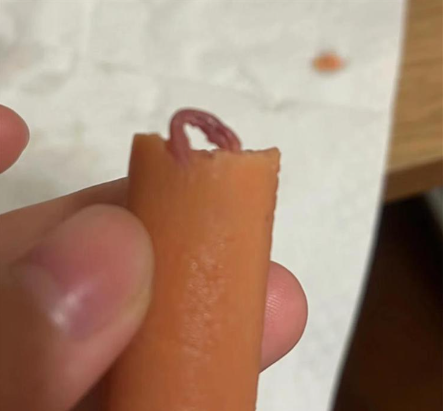 大陸一名網友，日前竟在火腿腸裡咬到一條老鼠腿。（圖／極目新聞）