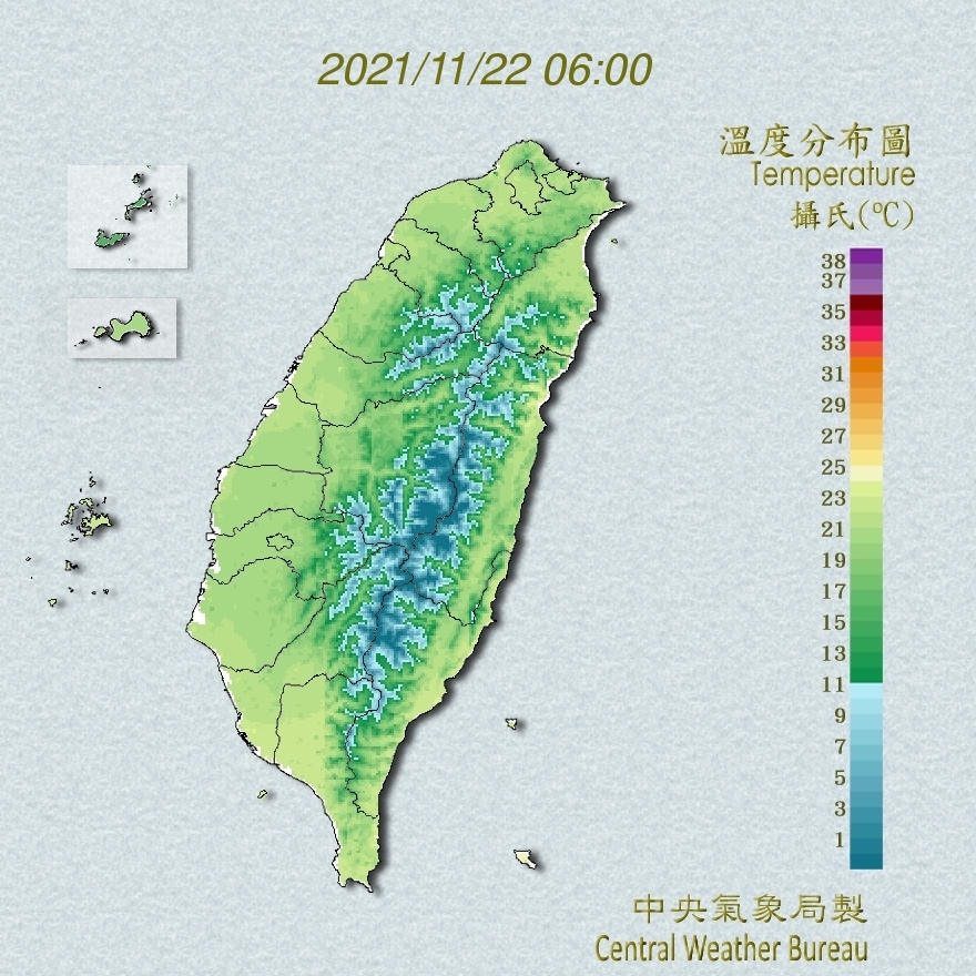  全台氣溫今天都會明顯下降，越晚越冷。（氣象局提供）