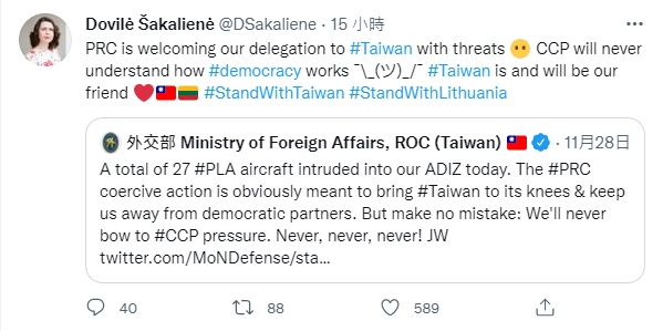 立陶宛議員薩卡利埃內於推特表示，大陸方以威脅來歡迎立陶宛代表團來到台灣。（圖／翻攝自推特／Dovilė Šakalienė）