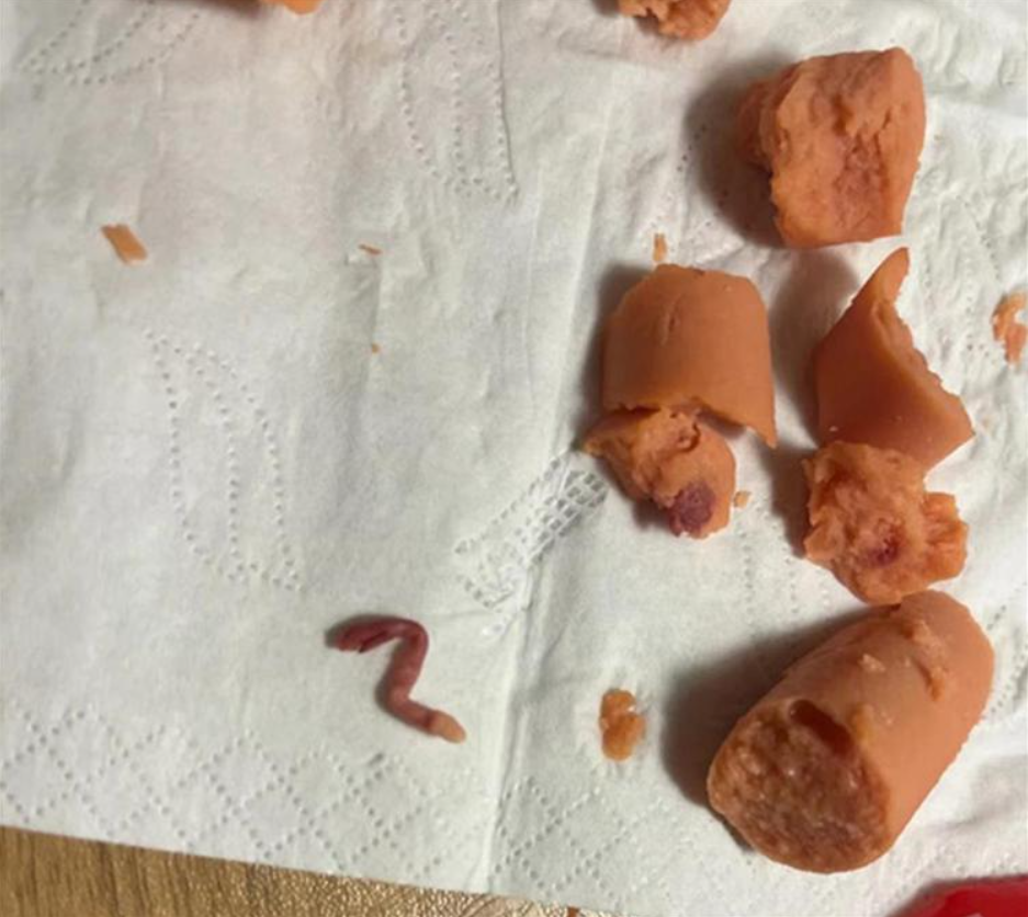 大陸一名網友，日前竟在火腿腸裡咬到一條老鼠腿。（圖／極目新聞）