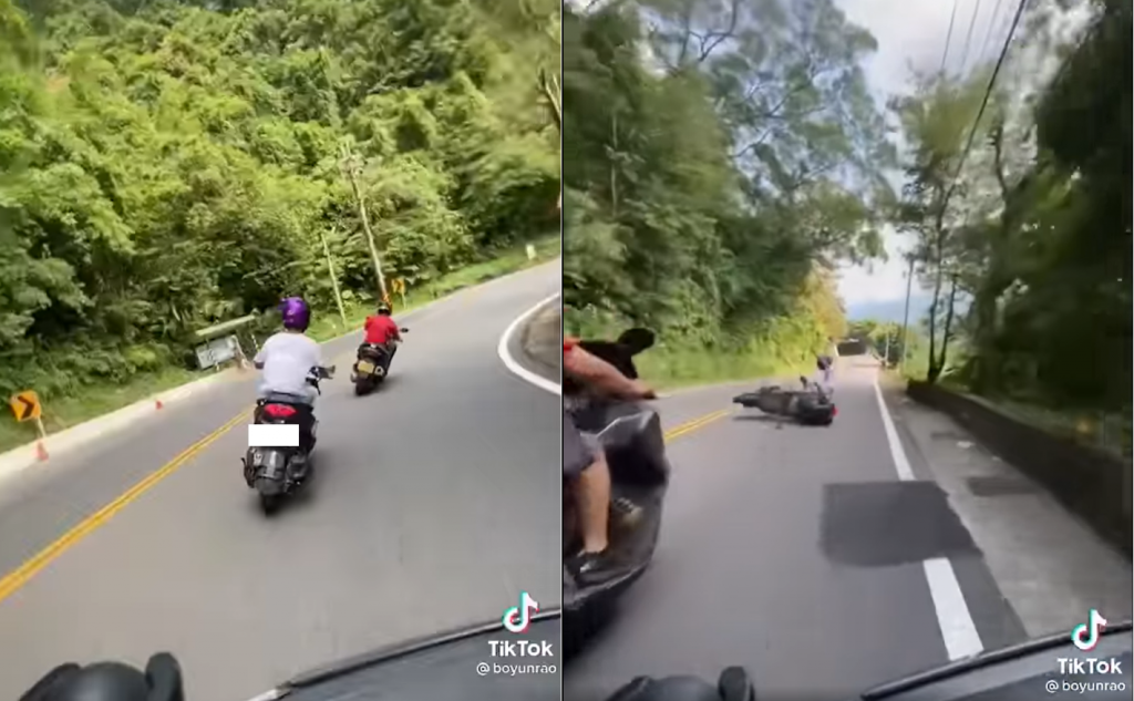 少年在跑山時想超車，卻因路面不平失控打滑。（圖／翻攝TikTok／@boyunrao）