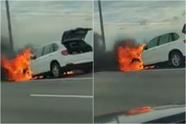 五楊高架橋今日發生火燒車意外。(圖/翻攝自爆料公社公開版臉書)
