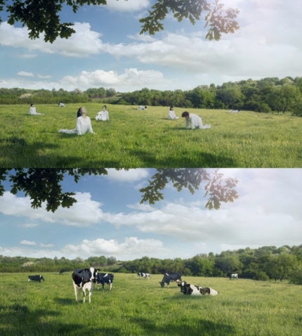 草地上身穿全白衣服的女子下一幕都變成了乳牛。（圖／翻攝自YouTube）