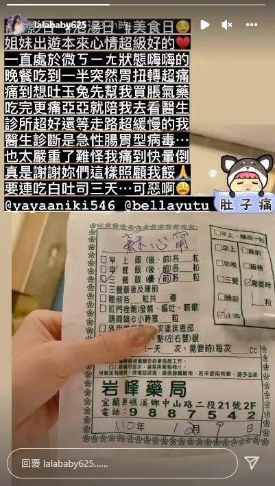 蘇心甯和友人出遊時出現「胃扭轉」般的痛症，還痛得出現想吐的症狀。（圖／翻攝自IG）