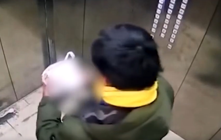 一名外送員在送餐過程中，於電梯內解開褲子，疑似對著顧客的餐點尿尿。（圖／翻攝自「九派新聞」微博）