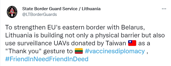 立陶宛國家邊防局發文感謝台灣捐贈無人雞（攝自State Border Guard Service / Lithuania推特）