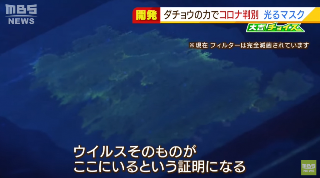 京都府立大學校長塚本康浩近日帶領團隊,利用「鴕鳥抗體」發明出一種可偵測新冠病毒的口罩,只要用紫外線燈一照,沾有新冠病毒的地方就會發光。(圖/翻攝自《MBS新聞資訊》YouTube)