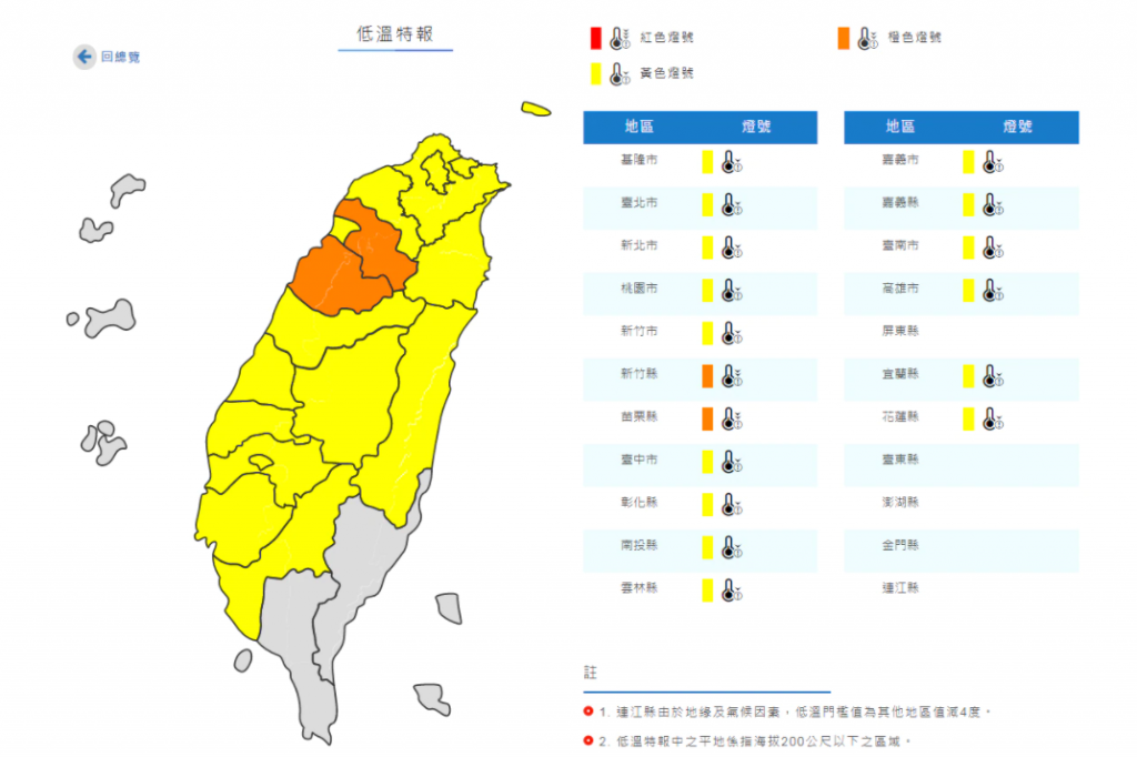 中央氣象局今（4）日稍早針對17縣市發佈低溫特報，請民眾務必留意保暖。（圖／中央氣象局）