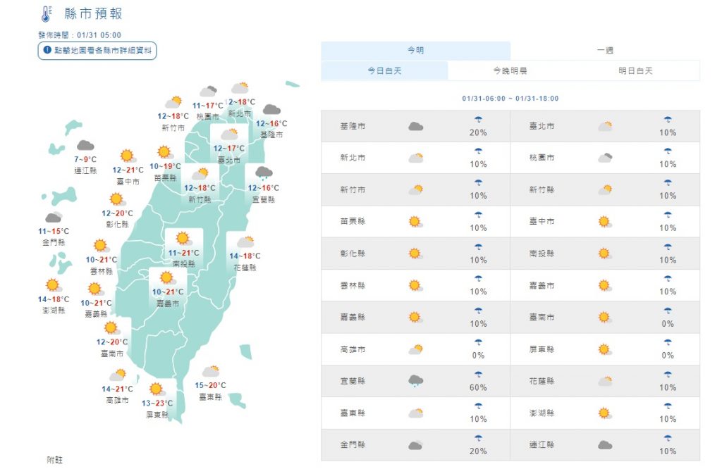 各地天氣。(圖/中央氣象局)