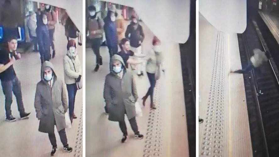 比利時布魯塞爾一名女子在地鐵等車時遭人推下軌道。(圖/翻攝自推特)