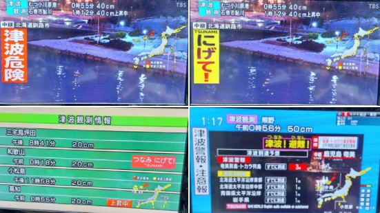 電視中也顯示出巨大且聳動的標題,「有海嘯,危險!」、「快逃!」等字樣。圖取自推特