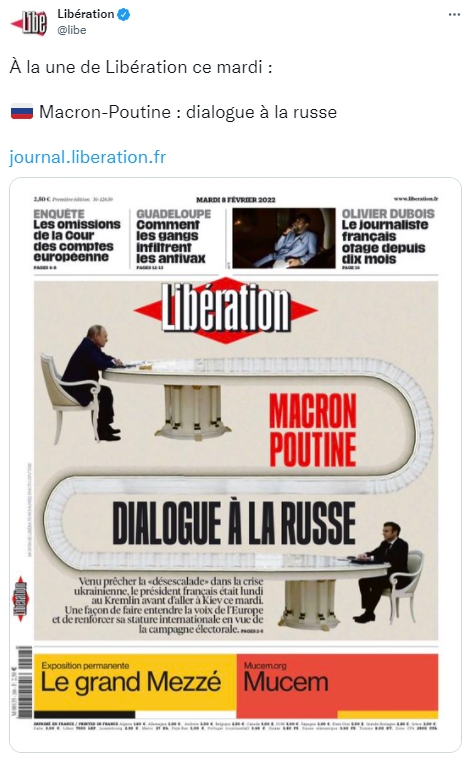 會談時4公尺長桌意外成為網友迷因吐槽素材。（圖／翻攝自「Libération」推特）