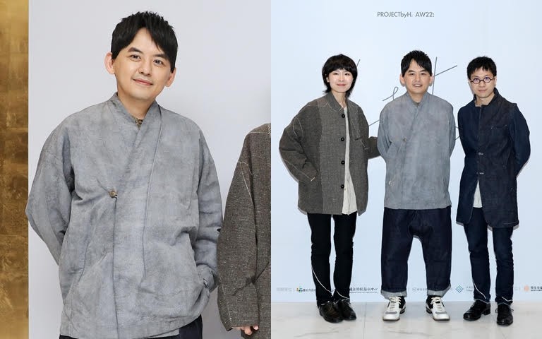 佼哥與PROJECTbyH.雙人設計師Henry Lee、Naomi Zhao合影。佼哥在自己的fb發文寫道雖然是第一次認識的品牌,但透過充滿實驗風格的音樂伴舞蹈呈現方式,讓他感到五感全開意猶未盡。 (圖/侯世駿攝影)