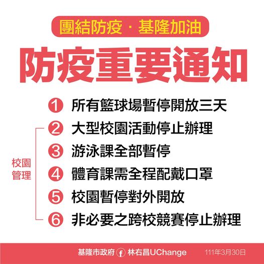 基隆市最新防疫規範(攝自林右昌臉書)