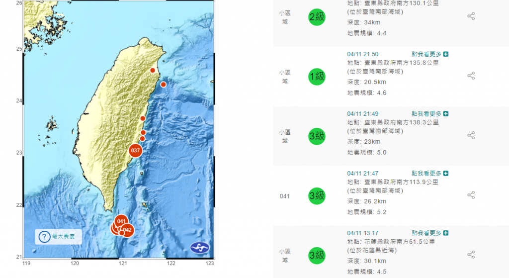 一晚連7震。(圖/中央氣象局)