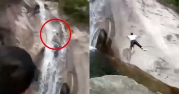 安徽1名男子與朋友打賭可以穿越瀑布，結果竟失足打滑，從高處被急流沖下。（圖／翻攝自澎湃視頻）
