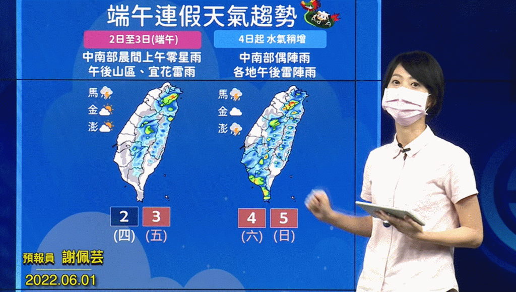 端午節當天(3日)也與前兩天類似,週末兩天水氣則開始,中南部降雨機率會開始提高,其他各地也要留意午後雷陣雨。(圖/取自中央氣象局YT)