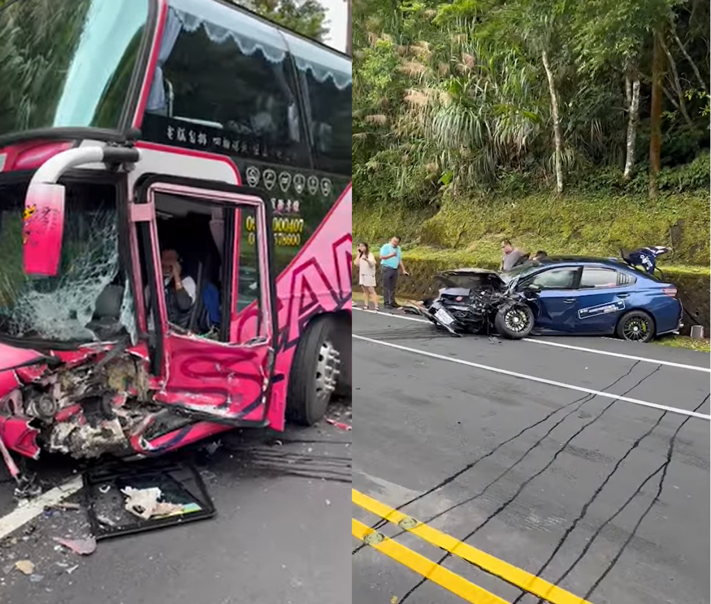 宜蘭台7丙發生嚴重車禍，一輛SUBARU小客車撞上遊覽車，車體嚴重變形。（圖／翻攝自臉書社團「重機車友 ❘ 各區路況、天氣回報中心」）