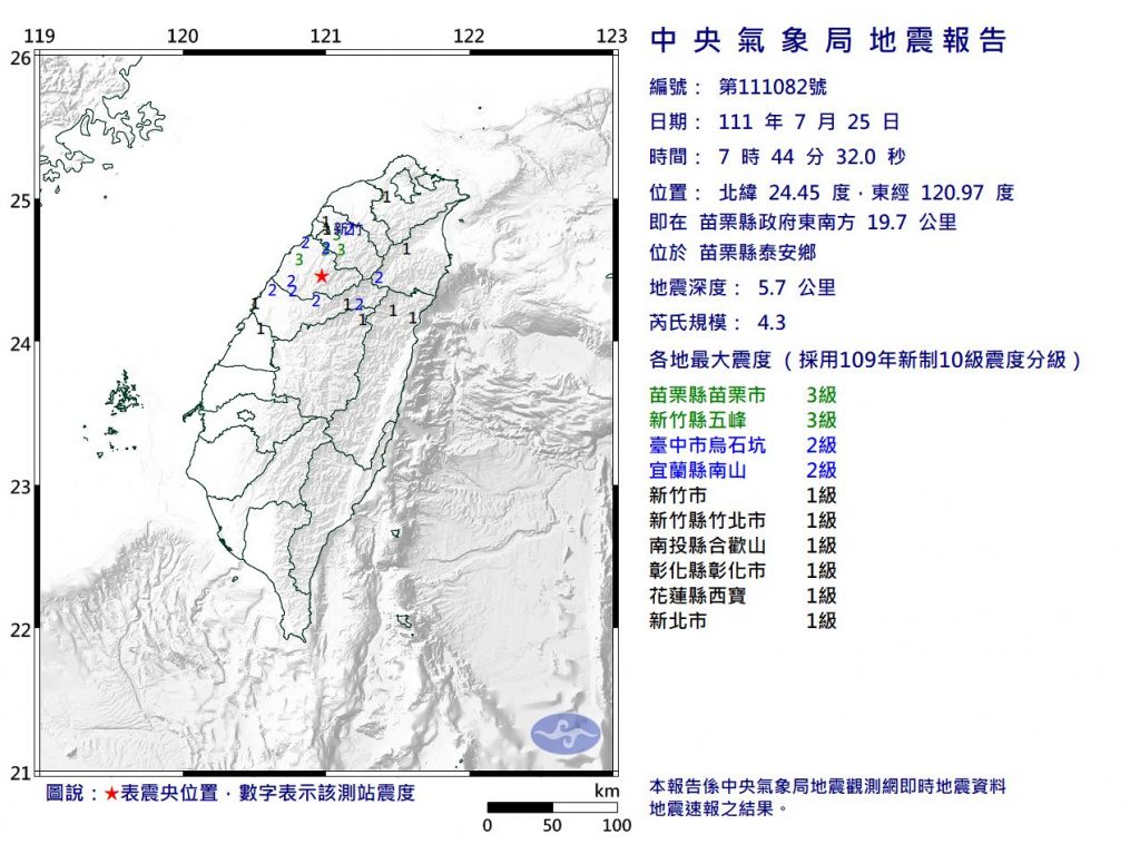 苗栗7時44分發生淺源地震。（圖／氣象局）