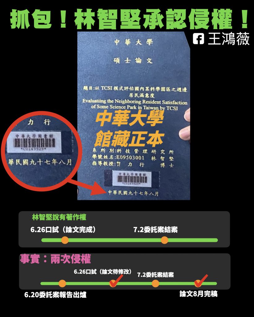 台北市議員王鴻薇今（9）日披露，林智堅中華大學論文發表時間為2008年8月，晚於竹科管理局報告結案時間7月。（王鴻薇辦公室提供）