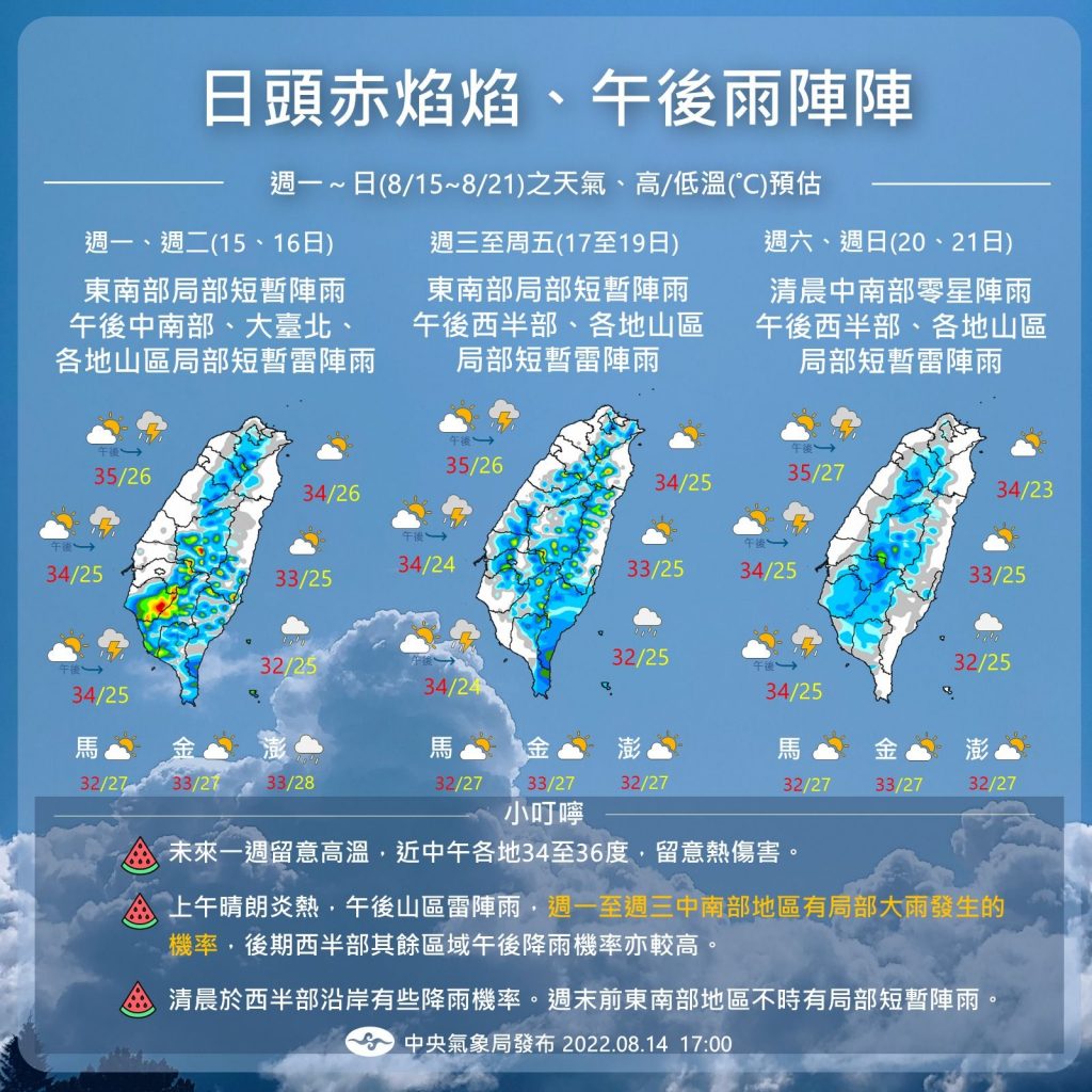 一週天氣預報。（中央氣象局提供）