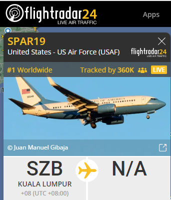 裴洛西專機在晚上六點多吸引超過36萬人線上關注。（圖／翻攝自Flightradar24）