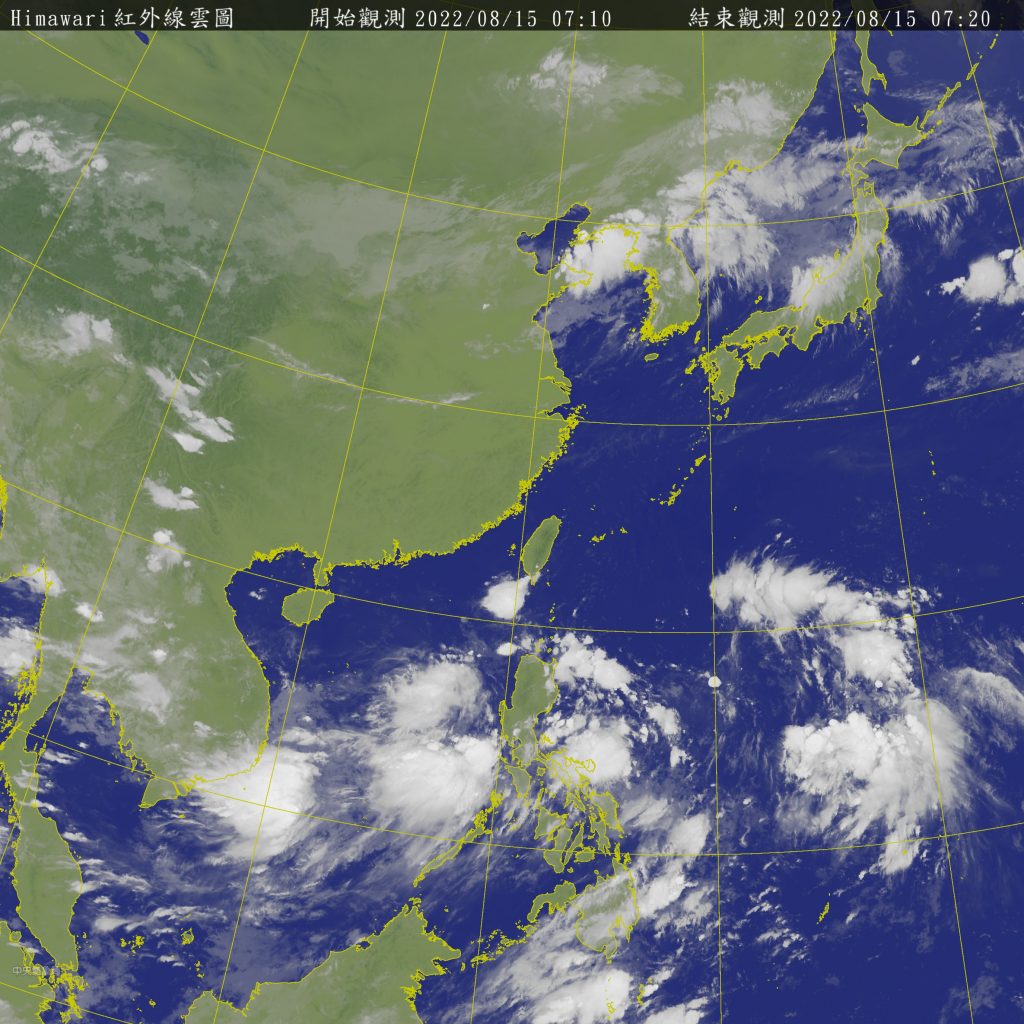 今、明（１５日、１６日）兩天臺灣各地及金門、馬祖、澎湖大多為多雲到晴的天氣。（中央氣象局提供） 