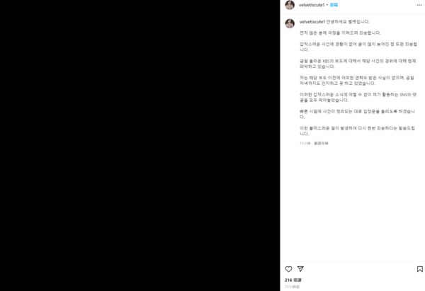 Velvet發文解釋自己並未收到任何人的聯絡。(圖/翻攝自IG)