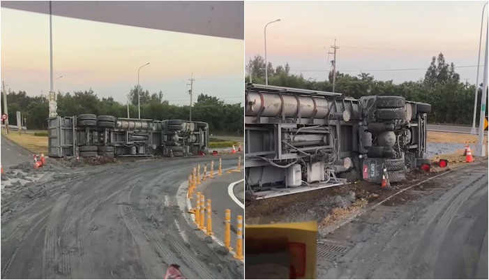 西濱公路苗栗後龍匝道砂石車翻覆。（圖／記者爆料網）