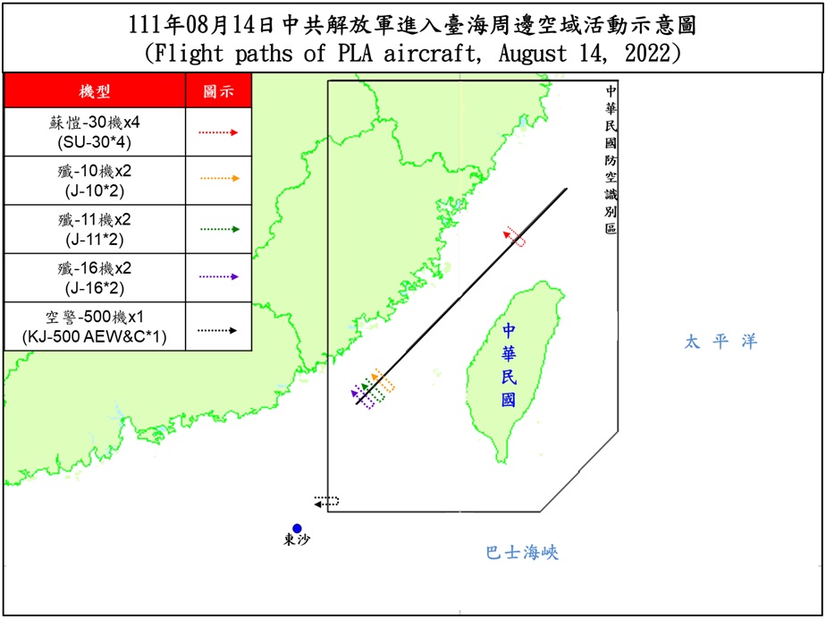 0814解放軍進入臺海周邊空域活動示意圖。（圖／國防部提供）