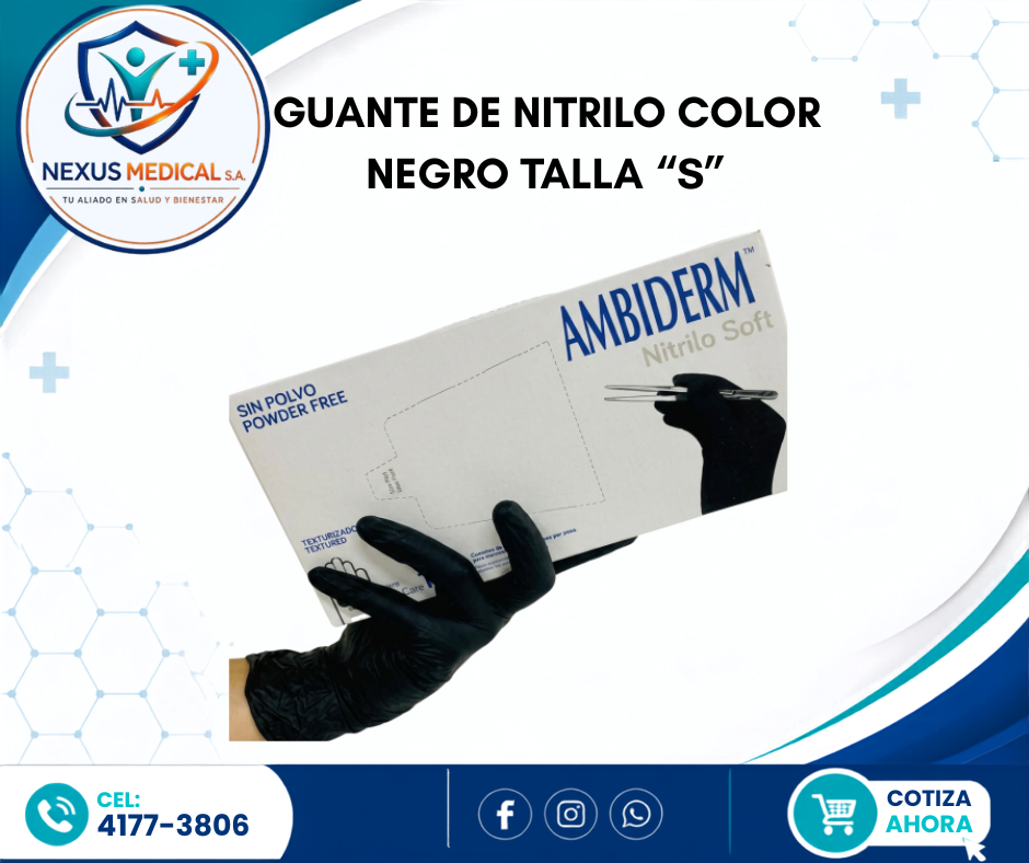 GUANTE DE NITRILO TALLA S CAJA DE 100 UNIDADES COLOR NEGRO MARCA AMBIDERM  - Nexus Medical S.A.