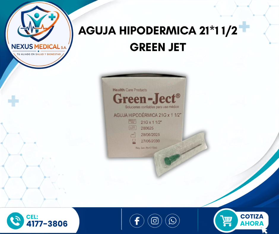 AGUJA HIPODERMICA 21*1 1/2 CAJA 100 UNIDADES MARCA GREEN JET - Nexus Medical S.A.