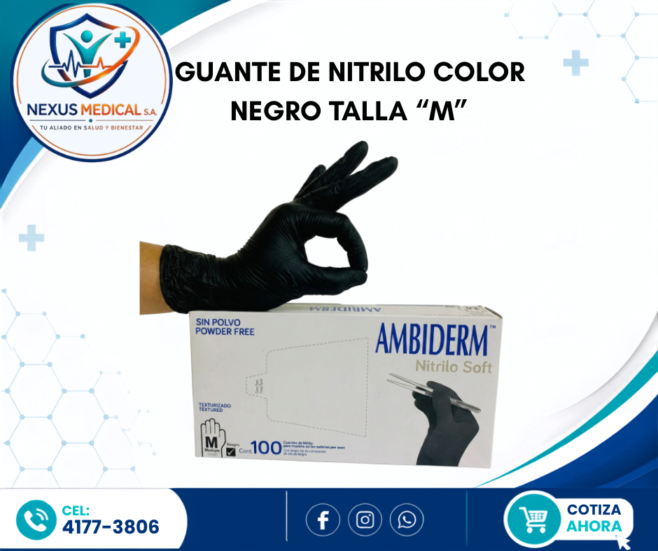 GUANTE DE NITRILO TALLA M CAJA DE 100 UNIDADES COLOR NEGRO MARCA AMBIDERM  - Nexus Medical S.A.