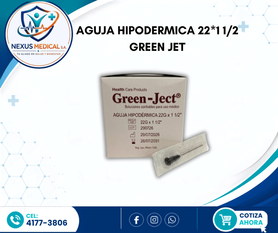 AGUJA HIPODERMICA 22*1 1/2 CAJA 100 UNIDADES MARCA GREEN JET - Nexus Medical S.A.