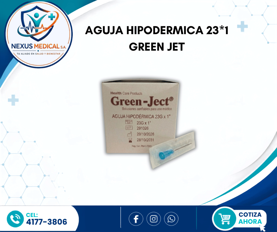 AGUJA HIPODERMICA 23*1 CAJA 100 UNIDADES MARCA GREEN JECT - Nexus Medical S.A.
