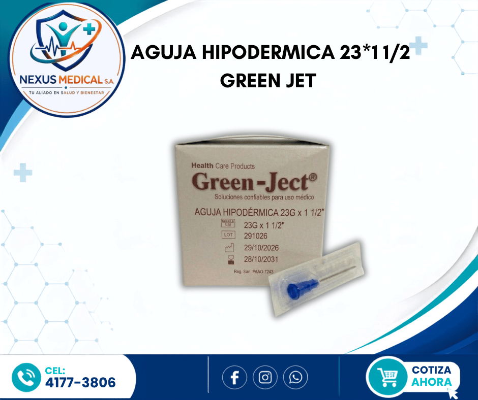AGUJA HIPODERMICA 23*1 1/2 CAJA 100 UNIDADES MARCA GREEN JET - Nexus Medical S.A.