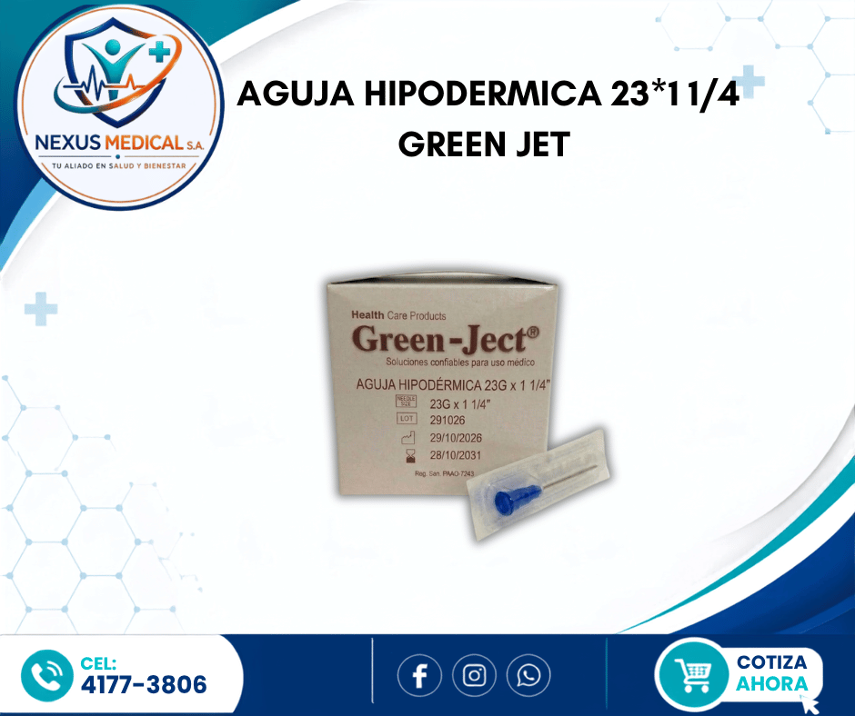  AGUJA HIPODERMICA 23*1 1/4 CAJA 100 UNIDADES MARCA GREEN JET - Nexus Medical S.A.