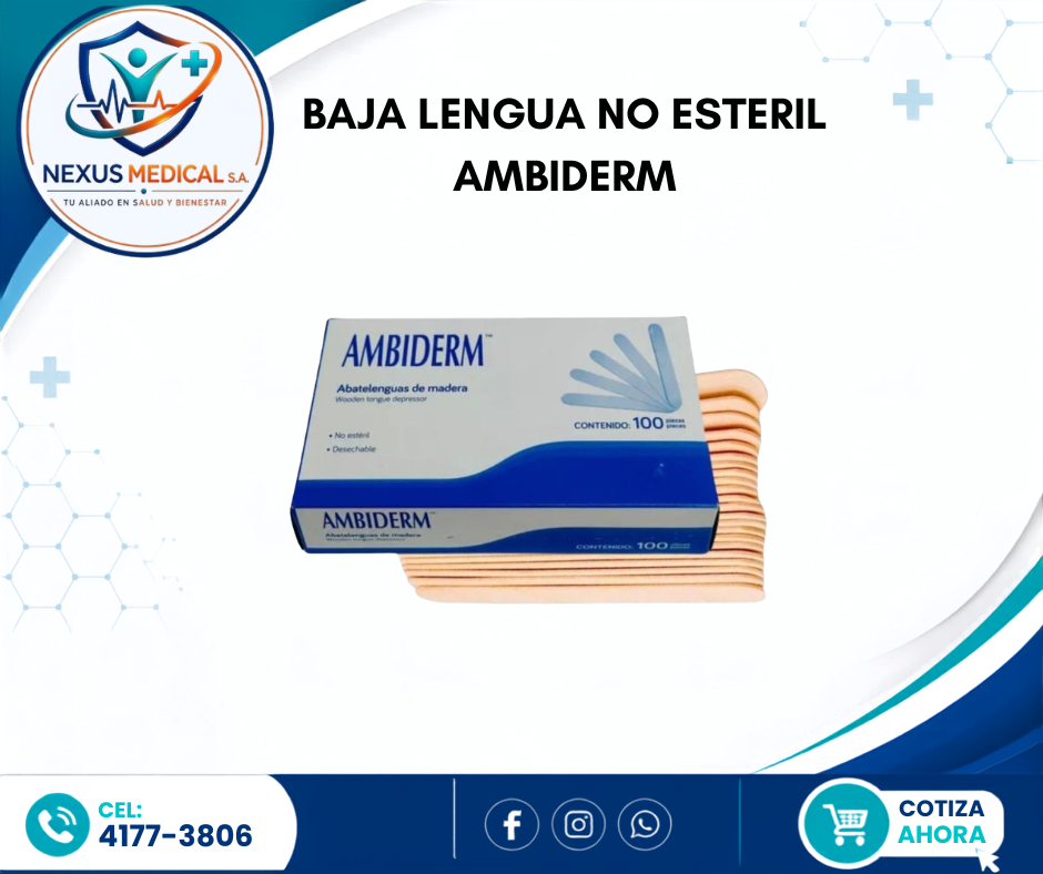 BAJA LENGUA NO ESTERIL CAJA DE 100 UNI. AMBIDERM  - Nexus Medical S.A.
