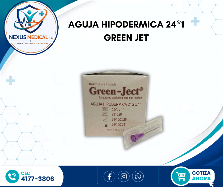 AGUJA HIPODERMICA 24*1 CAJA 100 UNIDADES MARCA GREEN JET - Nexus Medical S.A.
