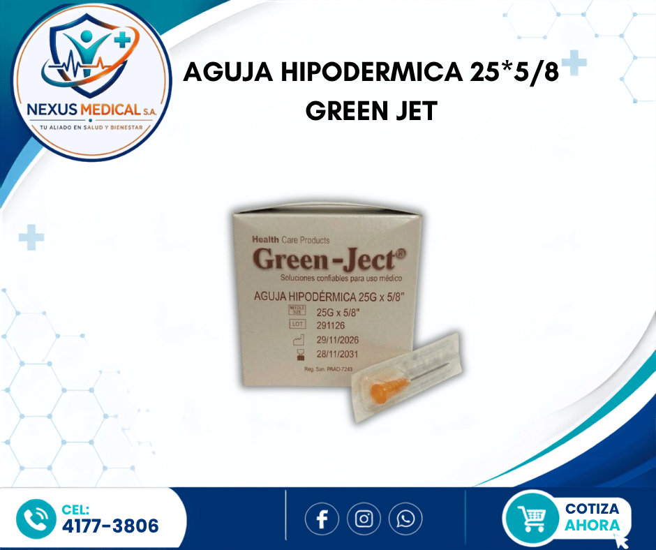 AGUJA HIPODERMICA 25*5/8 CAJA 100 UNIDADES MARCA GREEN JET - Nexus Medical S.A.