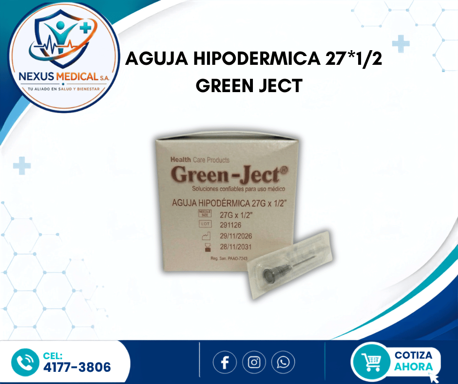 AGUJA HIPODERMICA 27*1/2 CAJA 100 UNIDADES MARCA GREEN JECT - Nexus Medical S.A.