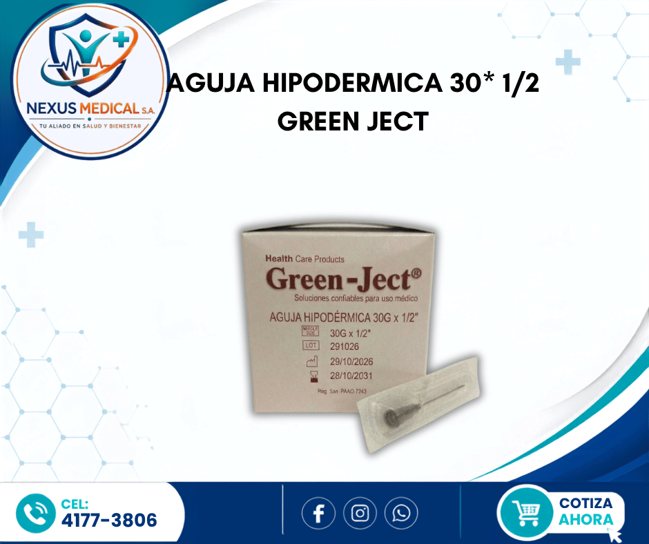 AGUJA HIPODERMICA 30* 1/2 CAJA 100 UNIDADES MARCA GREEN JECT - Nexus Medical S.A.
