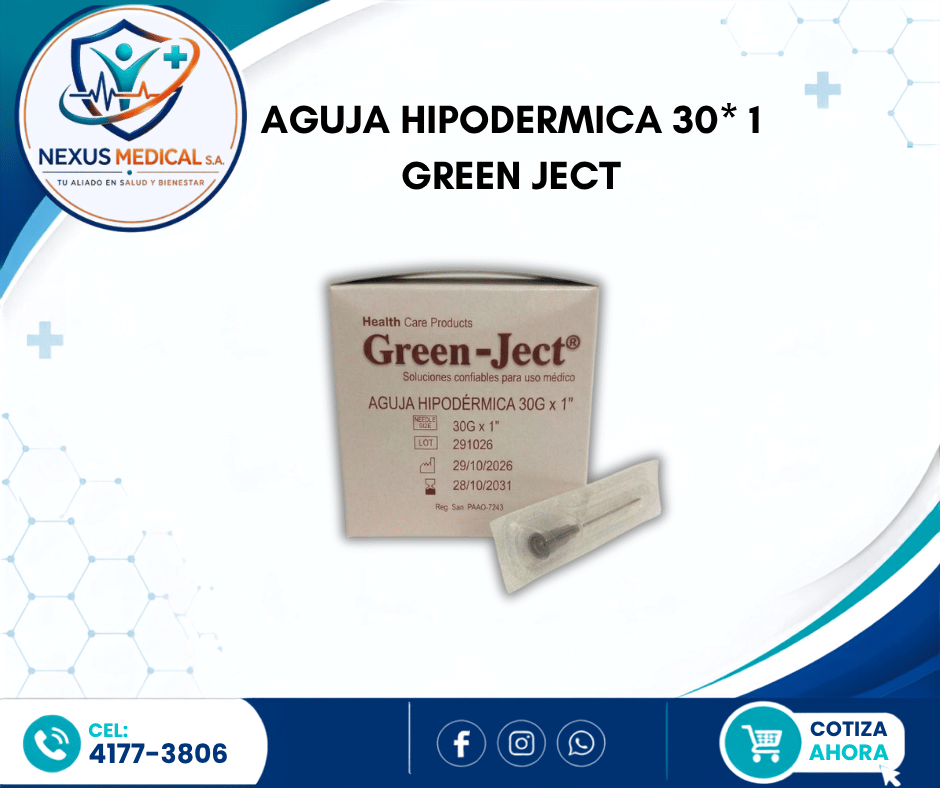AGUJA HIPODERMICA 30* 1 CAJA 100 UNIDADES MARCA GREEN JECT - Nexus Medical S.A.